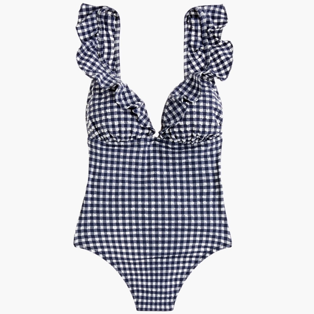 J. Crée Ruffle plunging V-neck one-piece swimsuit in puckered gingham